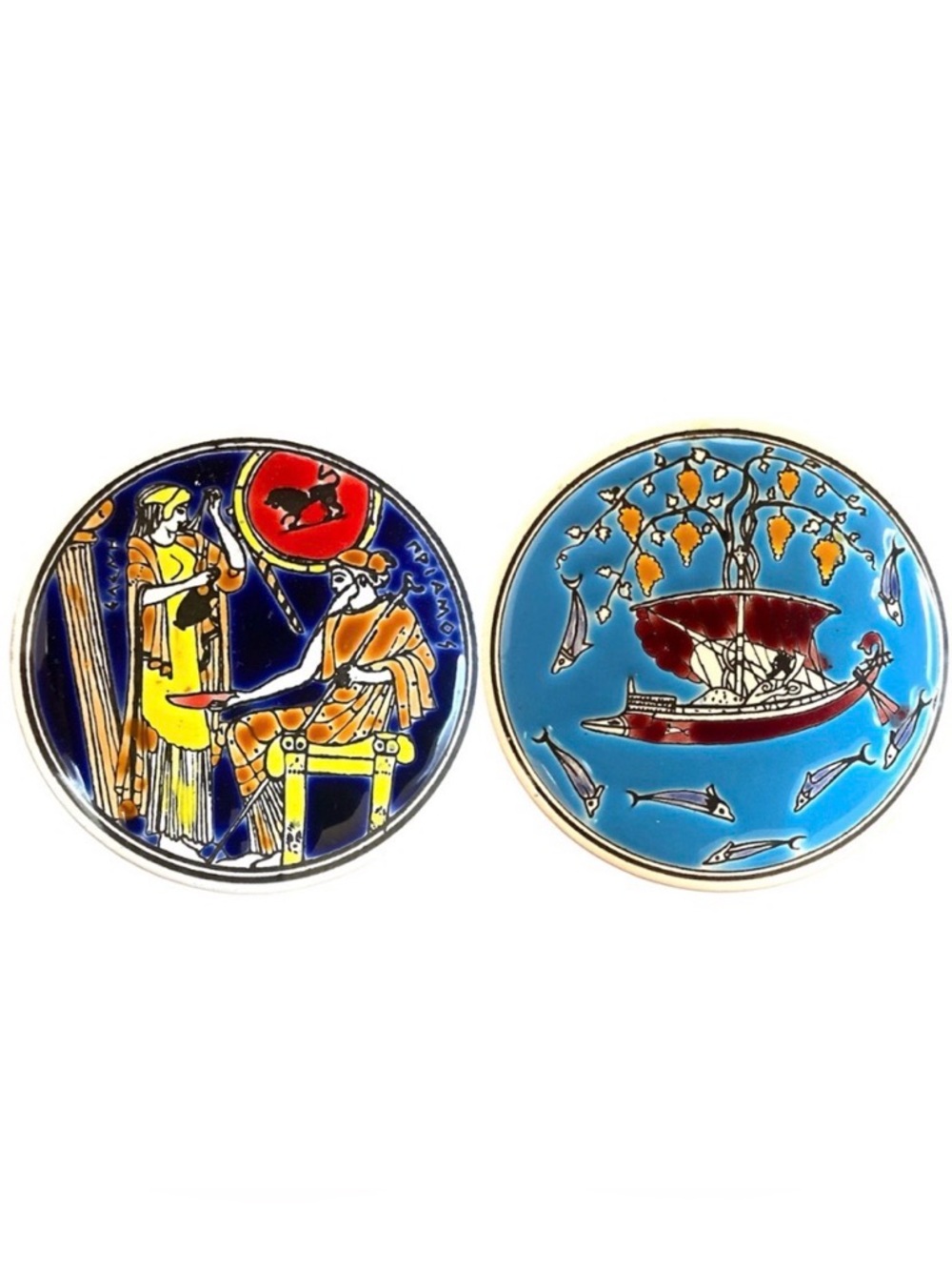 Vintage Niarchos Greece Handpainted Ceramic Tile Coasters Set of 2 Boat Gods
